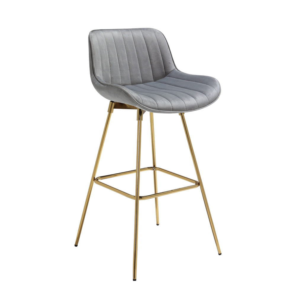 Homeroots Set Of Two 29" Gray And Gold Velvet And Metal Low Back Bar Height Swivel Bar Chairs   543456