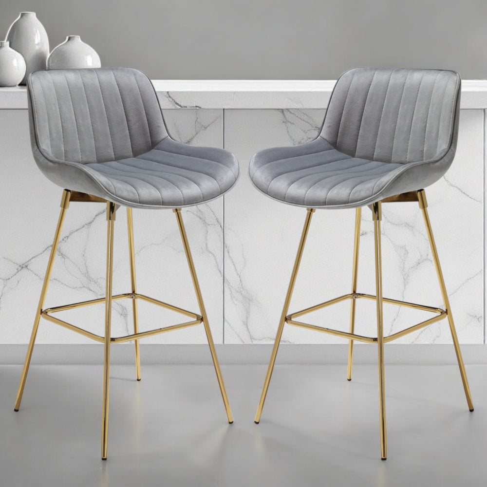Homeroots Set Of Two 29" Gray And Gold Velvet And Metal Low Back Bar Height Swivel Bar Chairs   543456