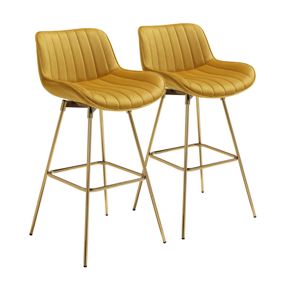 Homeroots Set Of Two 29" Yellow And Gold Velvet And Metal Low Back Bar Height Swivel Bar Chairs   543458