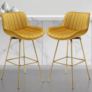 Homeroots Set Of Two 29" Yellow And Gold Velvet And Metal Low Back Bar Height Swivel Bar Chairs   543458