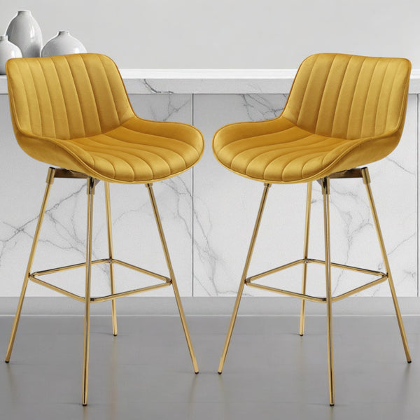 Homeroots Set Of Two 29" Yellow And Gold Velvet And Metal Low Back Bar Height Swivel Bar Chairs   543458