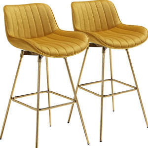Homeroots Set Of Two 29" Yellow And Gold Velvet And Metal Low Back Bar Height Swivel Bar Chairs   543458