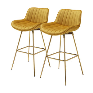 Homeroots Set Of Two 29" Yellow And Gold Velvet And Metal Low Back Bar Height Swivel Bar Chairs   543458