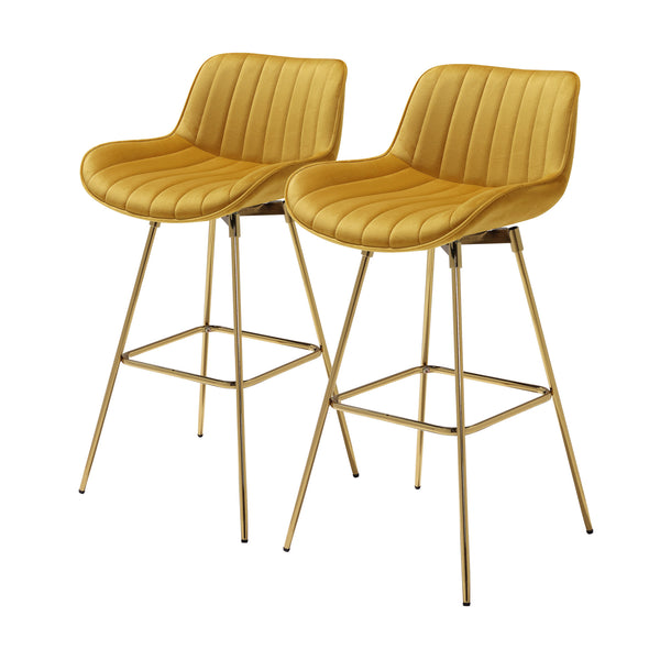 Homeroots Set Of Two 29" Yellow And Gold Velvet And Metal Low Back Bar Height Swivel Bar Chairs   543458
