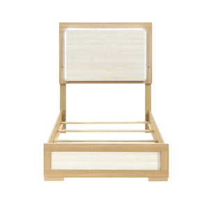 English Elm Contemporary LED Panel Queen Bed with Integrated Lighting, Sleek Wooden Frame and Modern Headboard Design Natural,White 45.75 L x 30.75 W x 5.75 H B011S01706