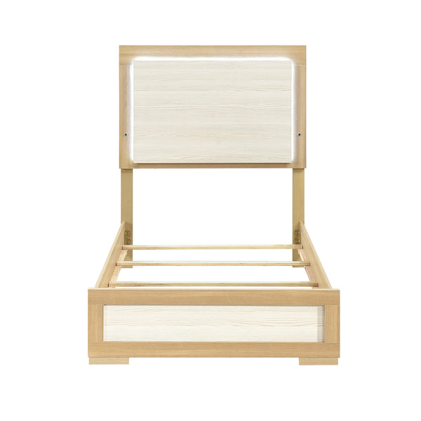 English Elm Contemporary LED Panel Queen Bed with Integrated Lighting, Sleek Wooden Frame and Modern Headboard Design Natural,White 45.75 L x 30.75 W x 5.75 H B011S01706