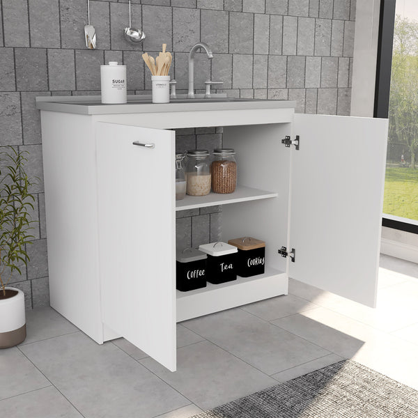 English Elm Freestanding Sink Cabinet With Double Doors, Two Shelves, Durable White Finish For Easy Organization B097S00112
