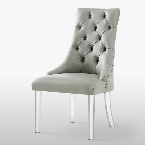 HomeRoots Set of Two Stylish Tufted Gray Faux Leather Dining Chairs with Clear Lucite Legs for Modern Spaces 543510