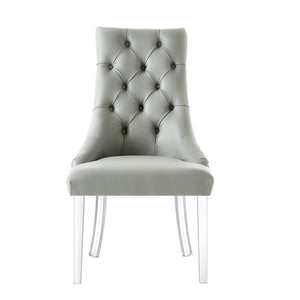 HomeRoots Set of Two Stylish Tufted Gray Faux Leather Dining Chairs with Clear Lucite Legs for Modern Spaces 543510