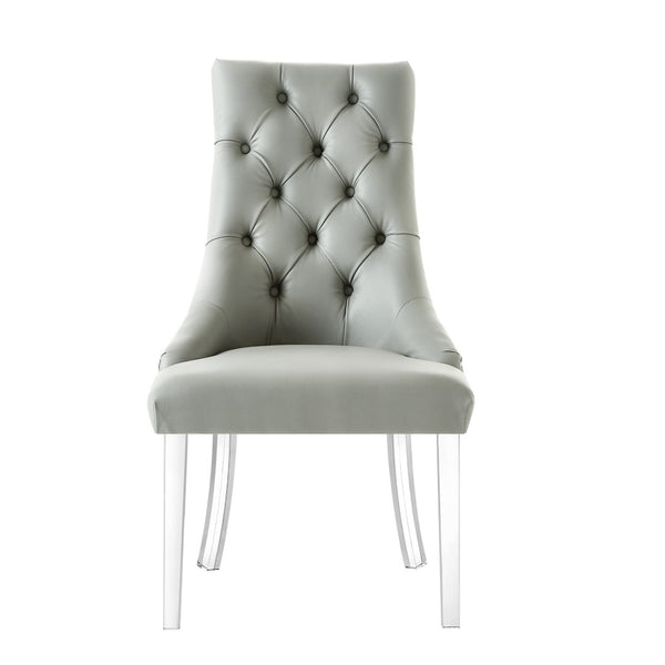 HomeRoots Set of Two Stylish Tufted Gray Faux Leather Dining Chairs with Clear Lucite Legs for Modern Spaces 543510