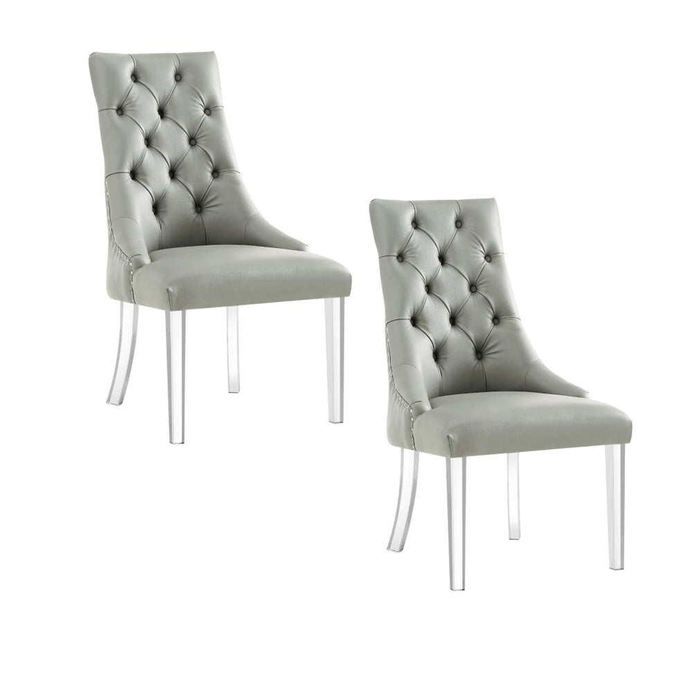 HomeRoots Set of Two Stylish Tufted Gray Faux Leather Dining Chairs with Clear Lucite Legs for Modern Spaces 543510