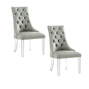 HomeRoots Set of Two Stylish Tufted Gray Faux Leather Dining Chairs with Clear Lucite Legs for Modern Spaces 543510