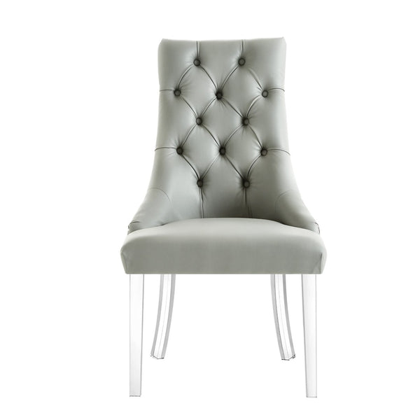 HomeRoots Set of Two Stylish Tufted Gray Faux Leather Dining Chairs with Clear Lucite Legs for Modern Spaces 543510