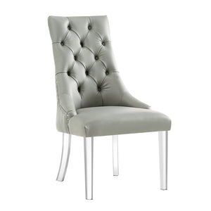 HomeRoots Set of Two Stylish Tufted Gray Faux Leather Dining Chairs with Clear Lucite Legs for Modern Spaces 543510