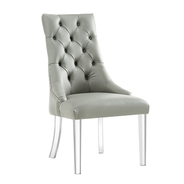 HomeRoots Set of Two Stylish Tufted Gray Faux Leather Dining Chairs with Clear Lucite Legs for Modern Spaces 543510