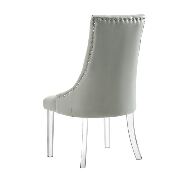 HomeRoots Set of Two Stylish Tufted Gray Faux Leather Dining Chairs with Clear Lucite Legs for Modern Spaces 543510