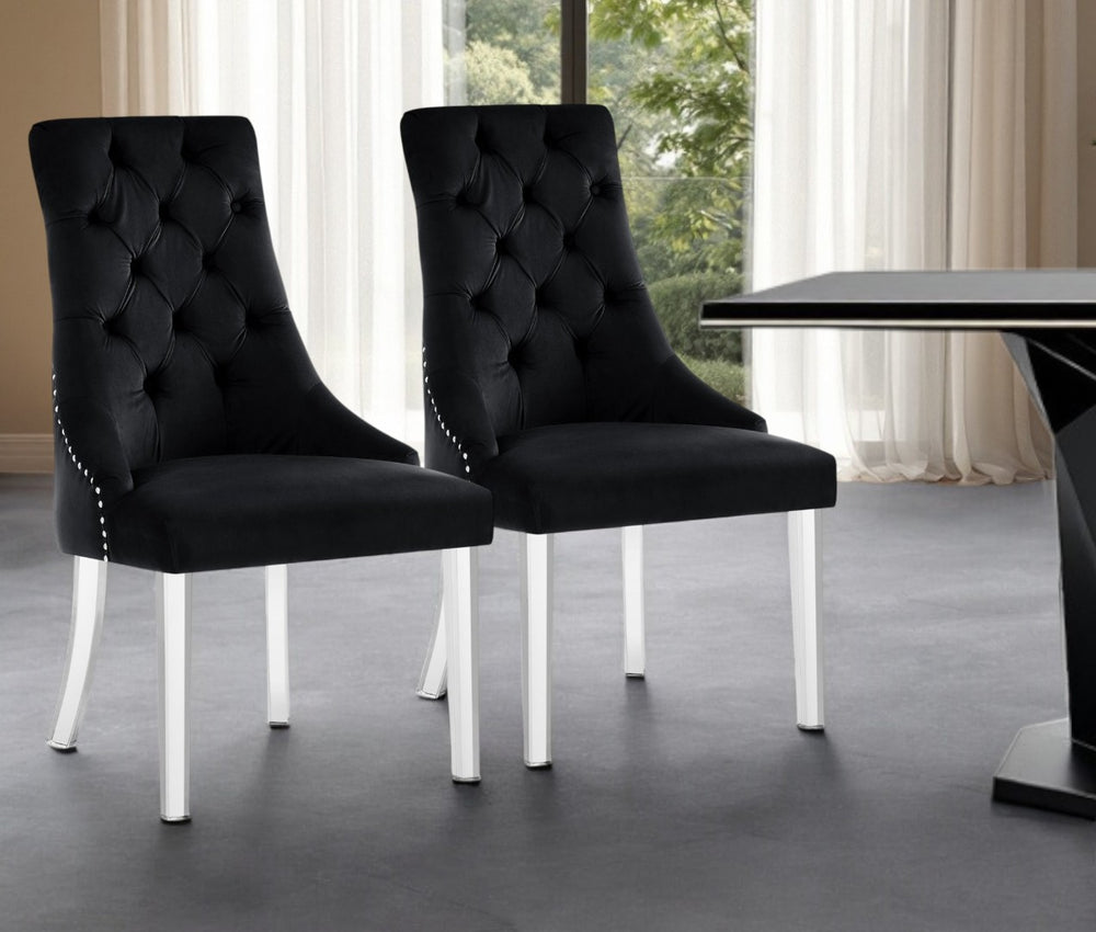 HomeRoots Set of Two Elegant Tufted Velvet Dining Chairs with Clear Legs and Nailhead Trim for Modern Spaces 543511
