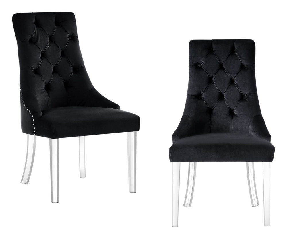 HomeRoots Set of Two Elegant Tufted Velvet Dining Chairs with Clear Legs and Nailhead Trim for Modern Spaces 543511
