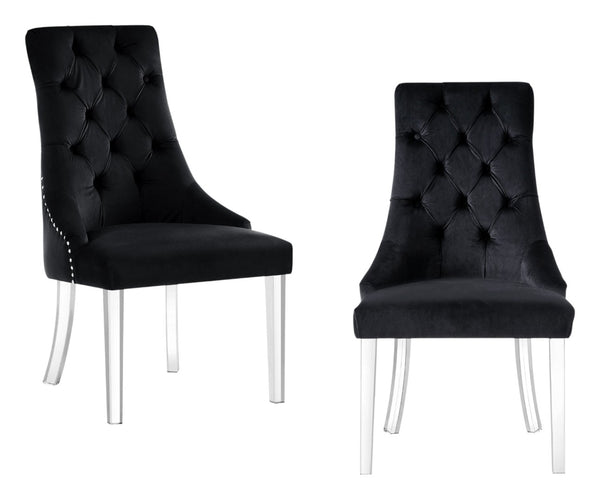 HomeRoots Set of Two Elegant Tufted Velvet Dining Chairs with Clear Legs and Nailhead Trim for Modern Spaces 543511