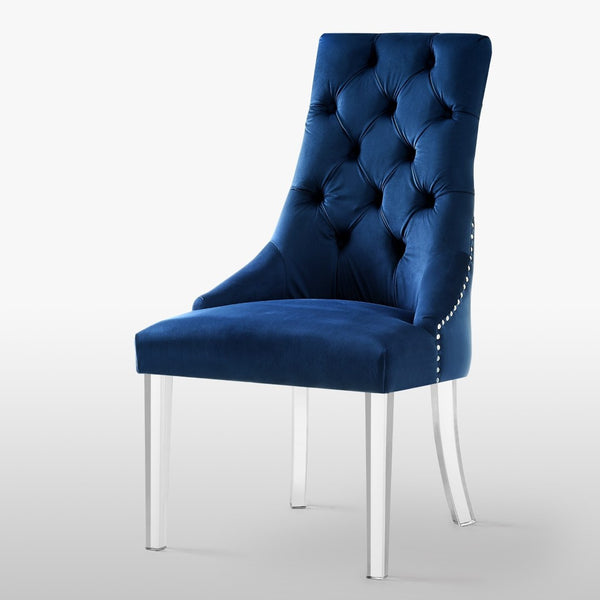 HomeRoots Set of Two Elegant Tufted Navy Velvet Dining Chairs with Clear Legs & Nailhead Trim for Comfort 543512