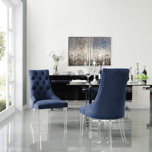 HomeRoots Set of Two Elegant Tufted Navy Velvet Dining Chairs with Clear Legs & Nailhead Trim for Comfort 543512