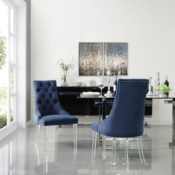 HomeRoots Set of Two Elegant Tufted Navy Velvet Dining Chairs with Clear Legs & Nailhead Trim for Comfort 543512