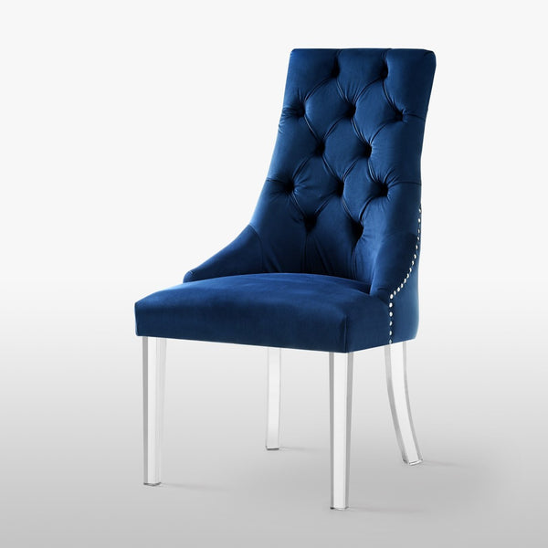 HomeRoots Set of Two Elegant Tufted Navy Velvet Dining Chairs with Clear Legs & Nailhead Trim for Comfort 543512