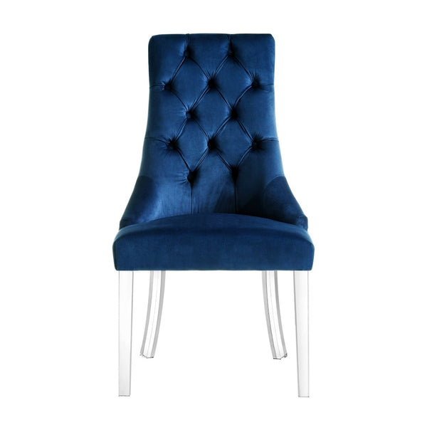HomeRoots Set of Two Elegant Tufted Navy Velvet Dining Chairs with Clear Legs & Nailhead Trim for Comfort 543512