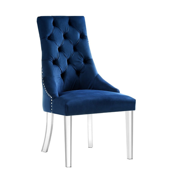 HomeRoots Set of Two Elegant Tufted Navy Velvet Dining Chairs with Clear Legs & Nailhead Trim for Comfort 543512