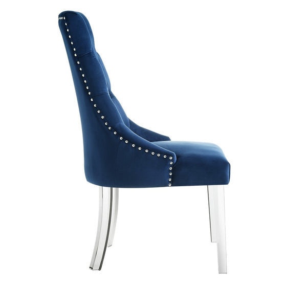 HomeRoots Set of Two Elegant Tufted Navy Velvet Dining Chairs with Clear Legs & Nailhead Trim for Comfort 543512
