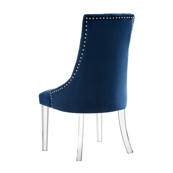 HomeRoots Set of Two Elegant Tufted Navy Velvet Dining Chairs with Clear Legs & Nailhead Trim for Comfort 543512