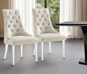 HomeRoots Set of Two Elegant Tufted Cream Linen Dining Chairs with Clear Legs for Modern Interiors 543513