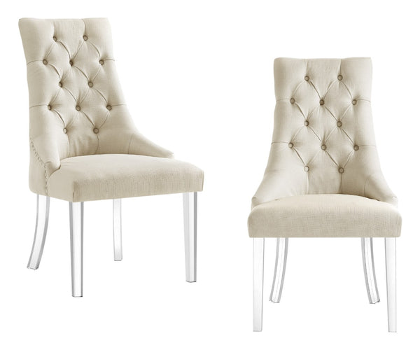 HomeRoots Set of Two Elegant Tufted Cream Linen Dining Chairs with Clear Legs for Modern Interiors 543513