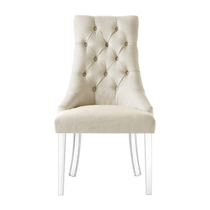 HomeRoots Set of Two Elegant Tufted Cream Linen Dining Chairs with Clear Legs for Modern Interiors 543513