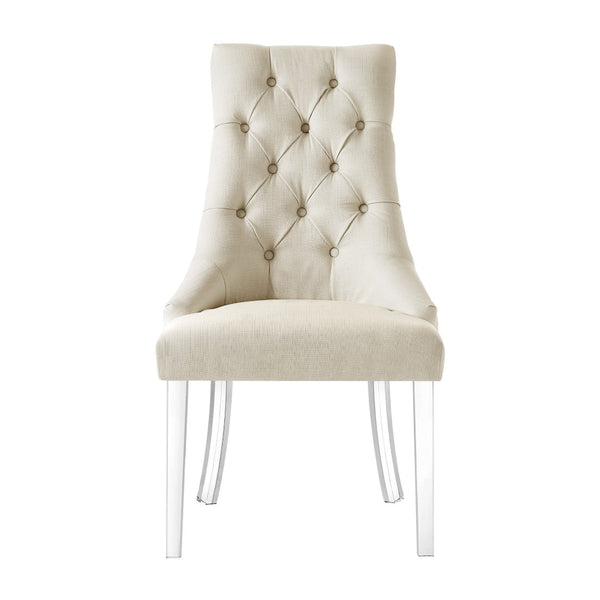 HomeRoots Set of Two Elegant Tufted Cream Linen Dining Chairs with Clear Legs for Modern Interiors 543513