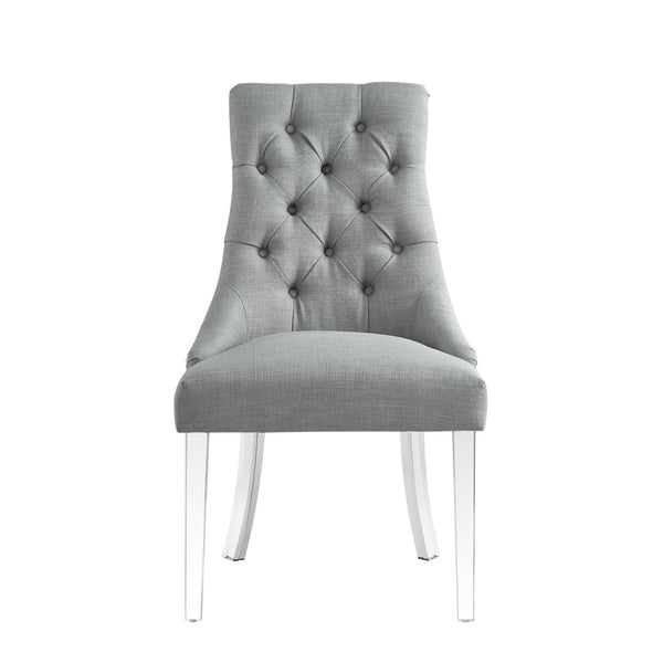 HomeRoots Set of Two Elegant Tufted Light Gray Upholstered Side Chairs with Clear Legs for Versatile Use 543514