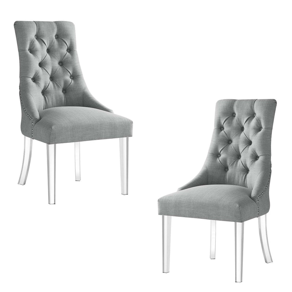 HomeRoots Set of Two Elegant Tufted Light Gray Upholstered Side Chairs with Clear Legs for Versatile Use 543514