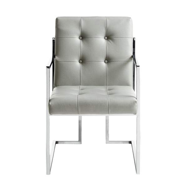 HomeRoots Set of Two Stylish Tufted Light Gray Faux Leather Dining Arm Chairs with Silver Accents & Comfort 543515