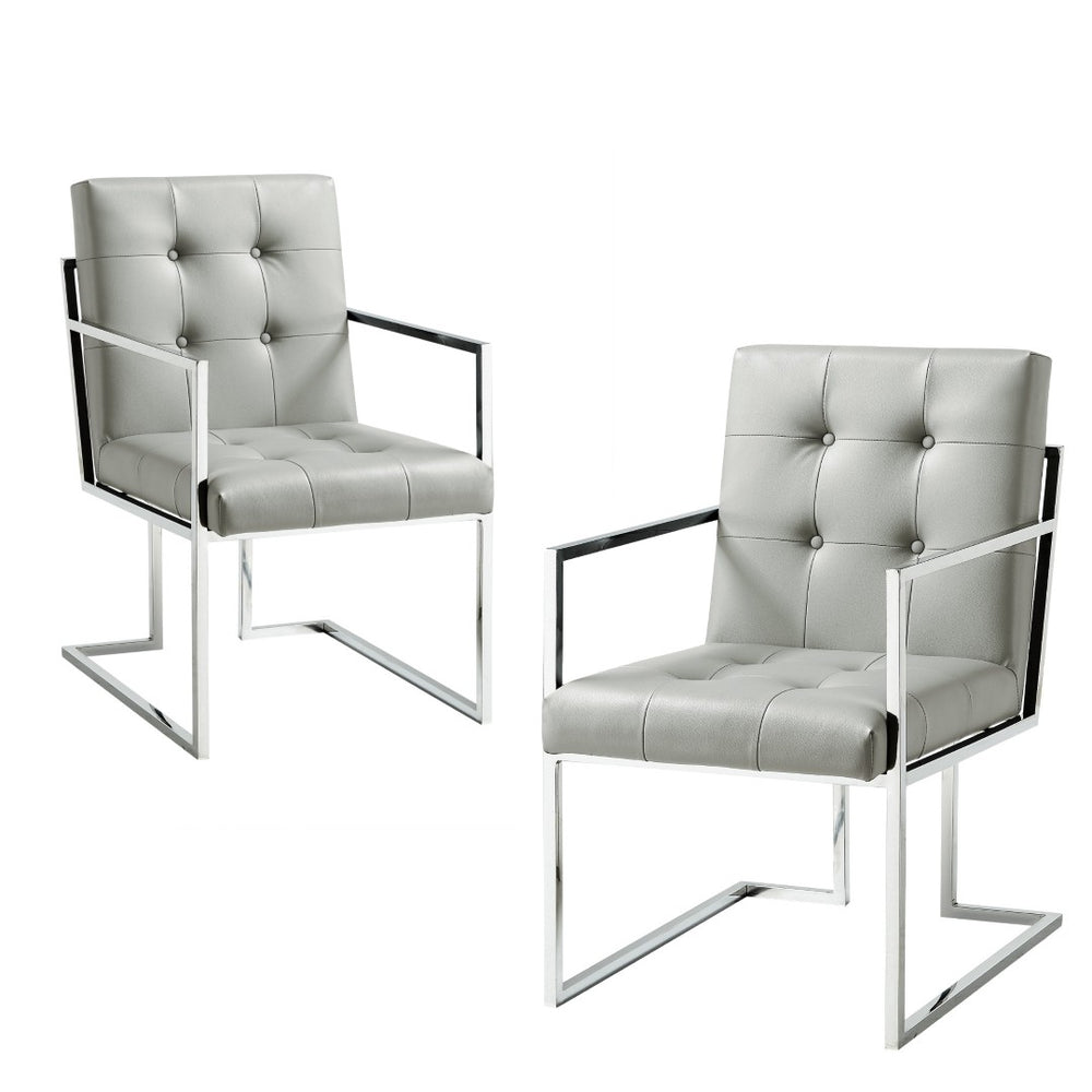 HomeRoots Set of Two Stylish Tufted Light Gray Faux Leather Dining Arm Chairs with Silver Accents & Comfort 543515