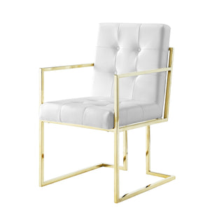 Homeroots Set Of Two Tufted White And Gold Upholstered Faux Leather Dining Arm Chairs  Metal 543516