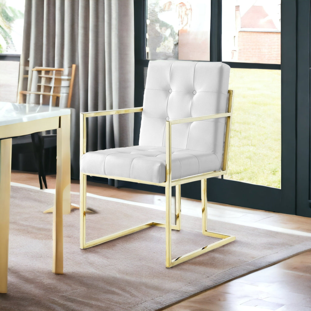 Homeroots Set Of Two Tufted White And Gold Upholstered Faux Leather Dining Arm Chairs  Metal 543516