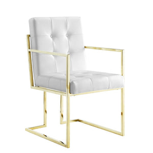 HomeRoots Set of Two Elegant Tufted White & Gold Faux Leather Dining Armchairs for Stylish Comfort 543516