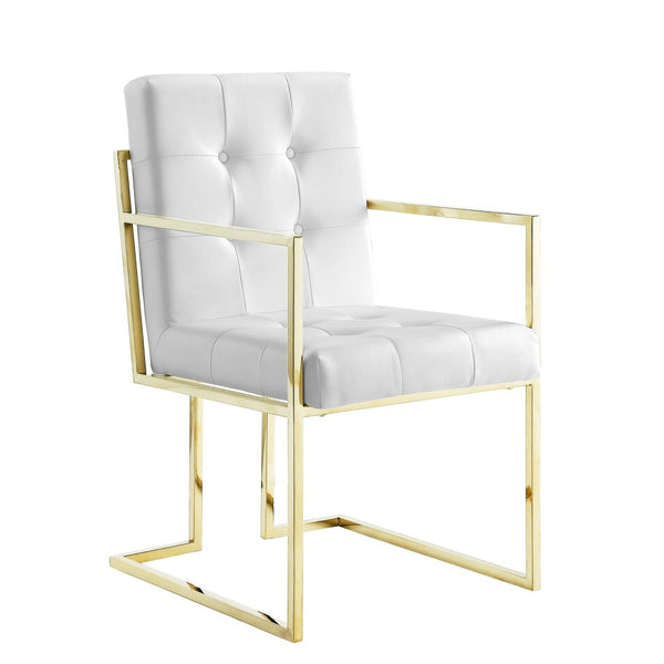 HomeRoots Set of Two Elegant Tufted White & Gold Faux Leather Dining Armchairs for Stylish Comfort 543516