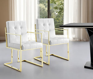 HomeRoots Set of Two Elegant Tufted White & Gold Faux Leather Dining Armchairs for Stylish Comfort 543516