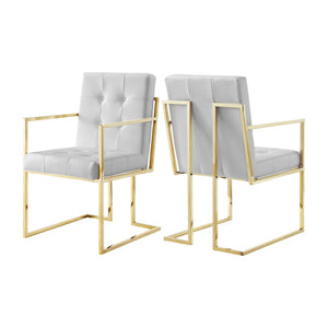 HomeRoots Set of Two Elegant Tufted White & Gold Faux Leather Dining Armchairs for Stylish Comfort 543516