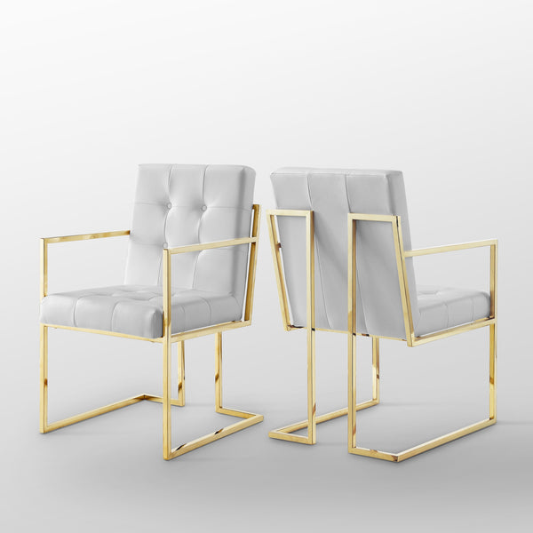 Homeroots Set Of Two Tufted White And Gold Upholstered Faux Leather Dining Arm Chairs  Metal 543516