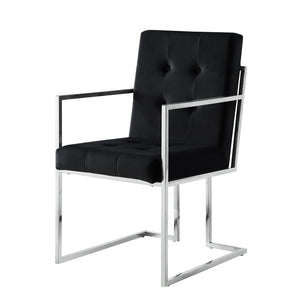 HomeRoots Set of Two Elegant Tufted Black Velvet Dining Arm Chairs with Silver Legs for Modern Spaces 543517