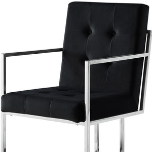 HomeRoots Set of Two Elegant Tufted Black Velvet Dining Arm Chairs with Silver Legs for Modern Spaces 543517