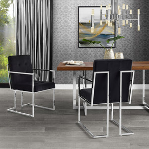 HomeRoots Set of Two Elegant Tufted Black Velvet Dining Arm Chairs with Silver Legs for Modern Spaces 543517