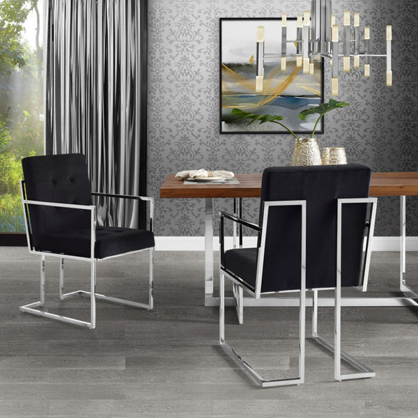 HomeRoots Set of Two Elegant Tufted Black Velvet Dining Arm Chairs with Silver Legs for Modern Spaces 543517